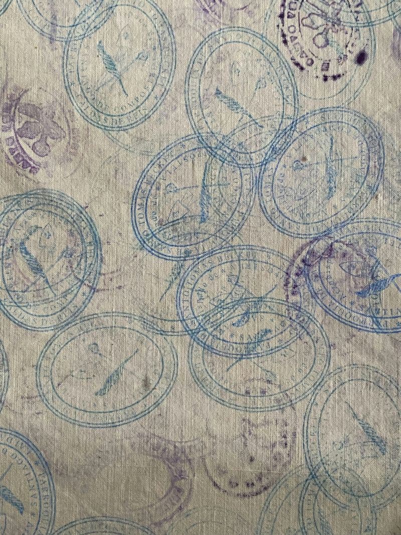 Blue official stamps with bird motifs scattered on textured paper, representing travel visa and entry documentation